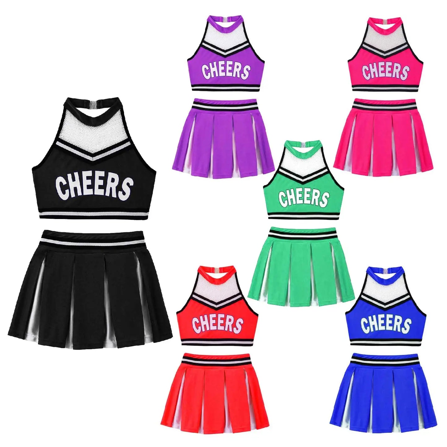Girls Cheerleader Uniform Dance Costume Halter Mesh Patchwork Cheers Print Crop Top with Pleated Skirt Pompoms Cheerleading Suit