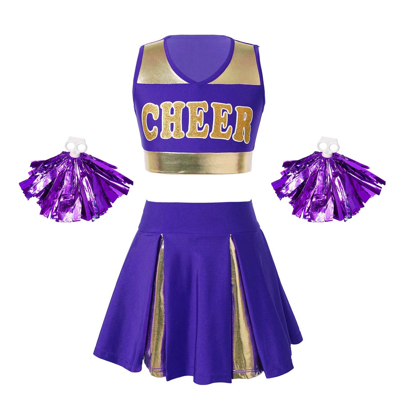 Kids Girls Cheerleading Costume Cheerleader Uniform Sleeveless V Neckline Letter Print Crop Top with Elastic Waistband Skirt