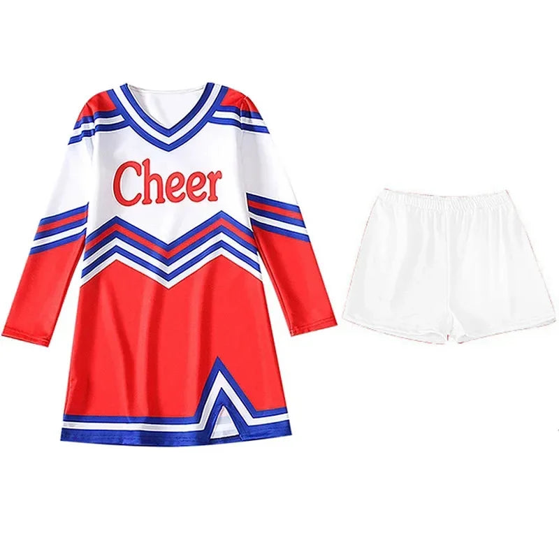 Girls Women Cosplay Costume Cheerleader Outfits V Neckline Letter Print Patchwork Style Dance Dress with Cheerlead pompoms Socks