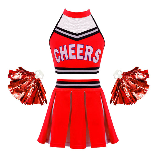 Girls Cheerleader Uniform Dance Costume Halter Mesh Patchwork Cheers Print Crop Top with Pleated Skirt Pompoms Cheerleading Suit