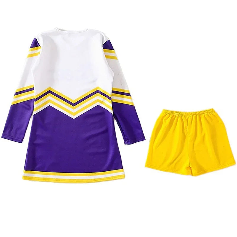 Girls Women Cosplay Costume Cheerleader Outfits V Neckline Letter Print Patchwork Style Dance Dress with Cheerlead pompoms Socks