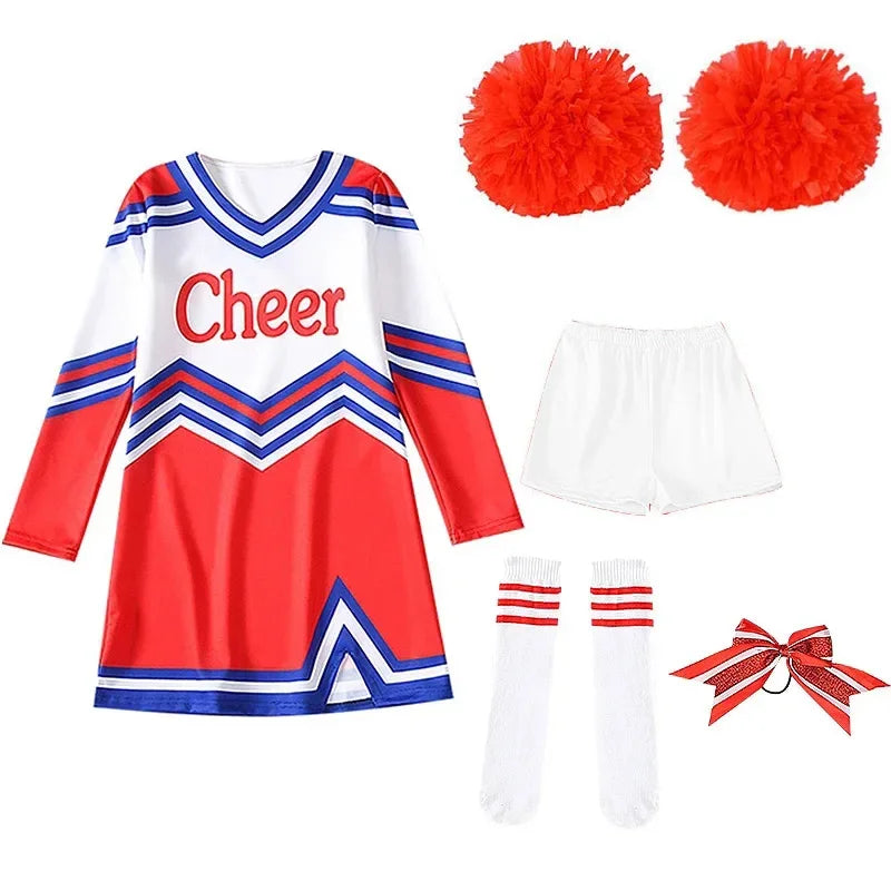 Girls Women Cosplay Costume Cheerleader Outfits V Neckline Letter Print Patchwork Style Dance Dress with Cheerlead pompoms Socks