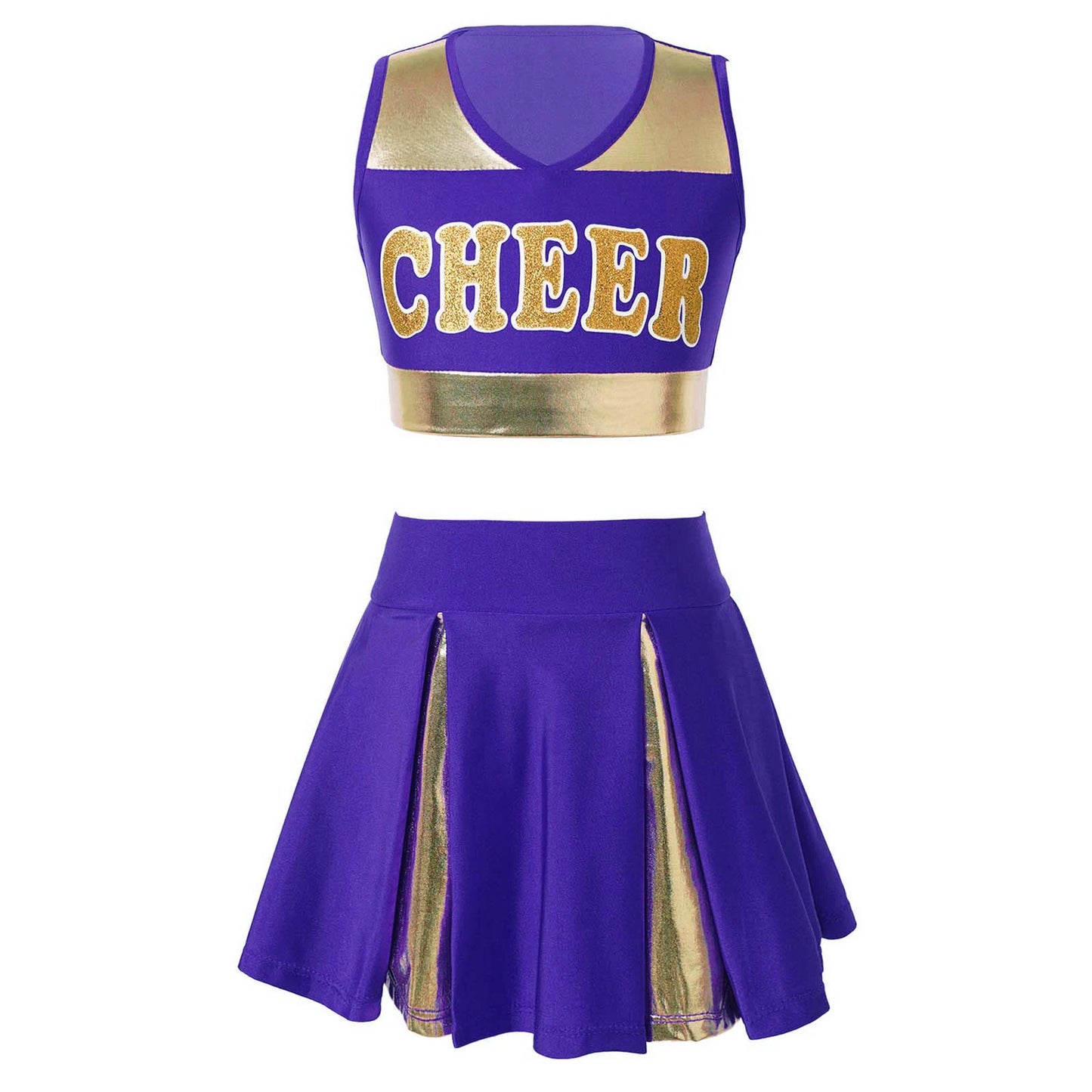 Kids Girls Cheerleading Costume Cheerleader Uniform Sleeveless V Neckline Letter Print Crop Top with Elastic Waistband Skirt