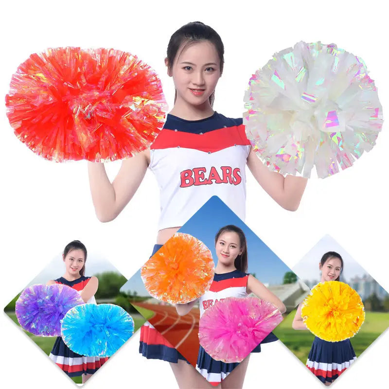 12PC Plastic Handle Metallic Shine Streamer Pompoms Cheerleading Cheering Pom Pom Ball Cheering Dance Decorator Club Sport Supply