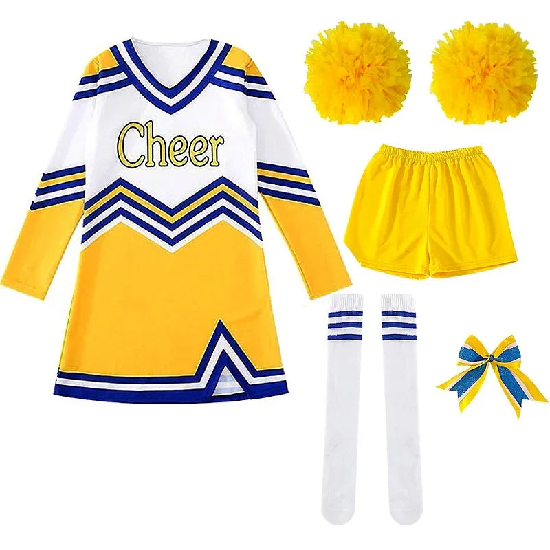 Girls Women Cosplay Costume Cheerleader Outfits V Neckline Letter Print Patchwork Style Dance Dress with Cheerlead pompoms Socks