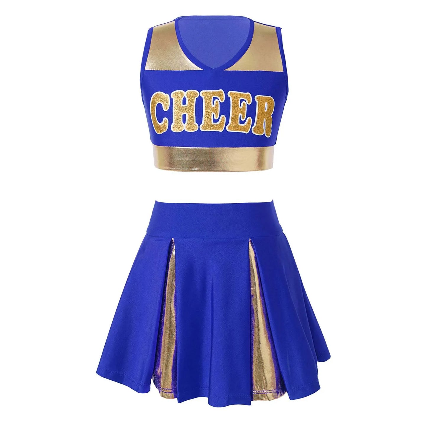 Kids Girls Cheerleading Costume Cheerleader Uniform Sleeveless V Neckline Letter Print Crop Top with Elastic Waistband Skirt