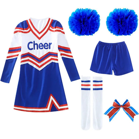 Girls Women Cosplay Costume Cheerleader Outfits V Neckline Letter Print Patchwork Style Dance Dress with Cheerlead pompoms Socks