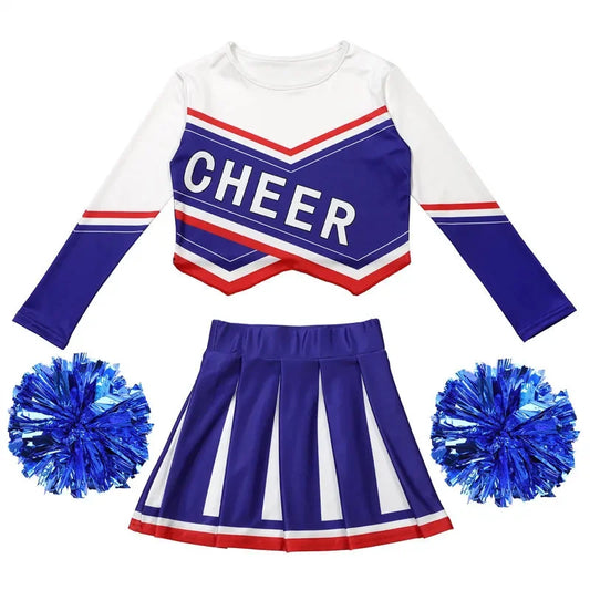 3-12Y Cheerleader Dress (With Hand Flower) Printed Letter T-Shirt Football Game Festival Cosplay Clothing Blue Red Skirt