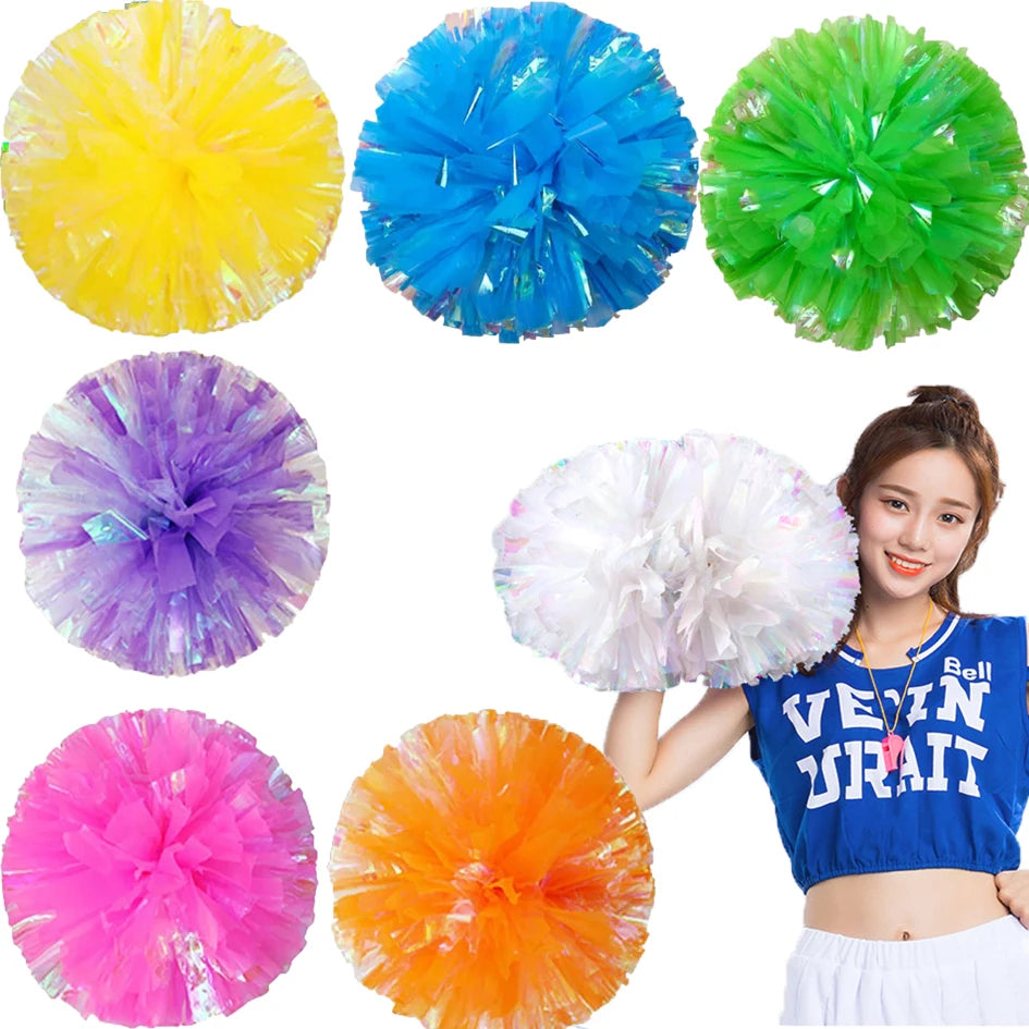 12PC Plastic Handle Metallic Shine Streamer Pompoms Cheerleading Cheering Pom Pom Ball Cheering Dance Decorator Club Sport Supply