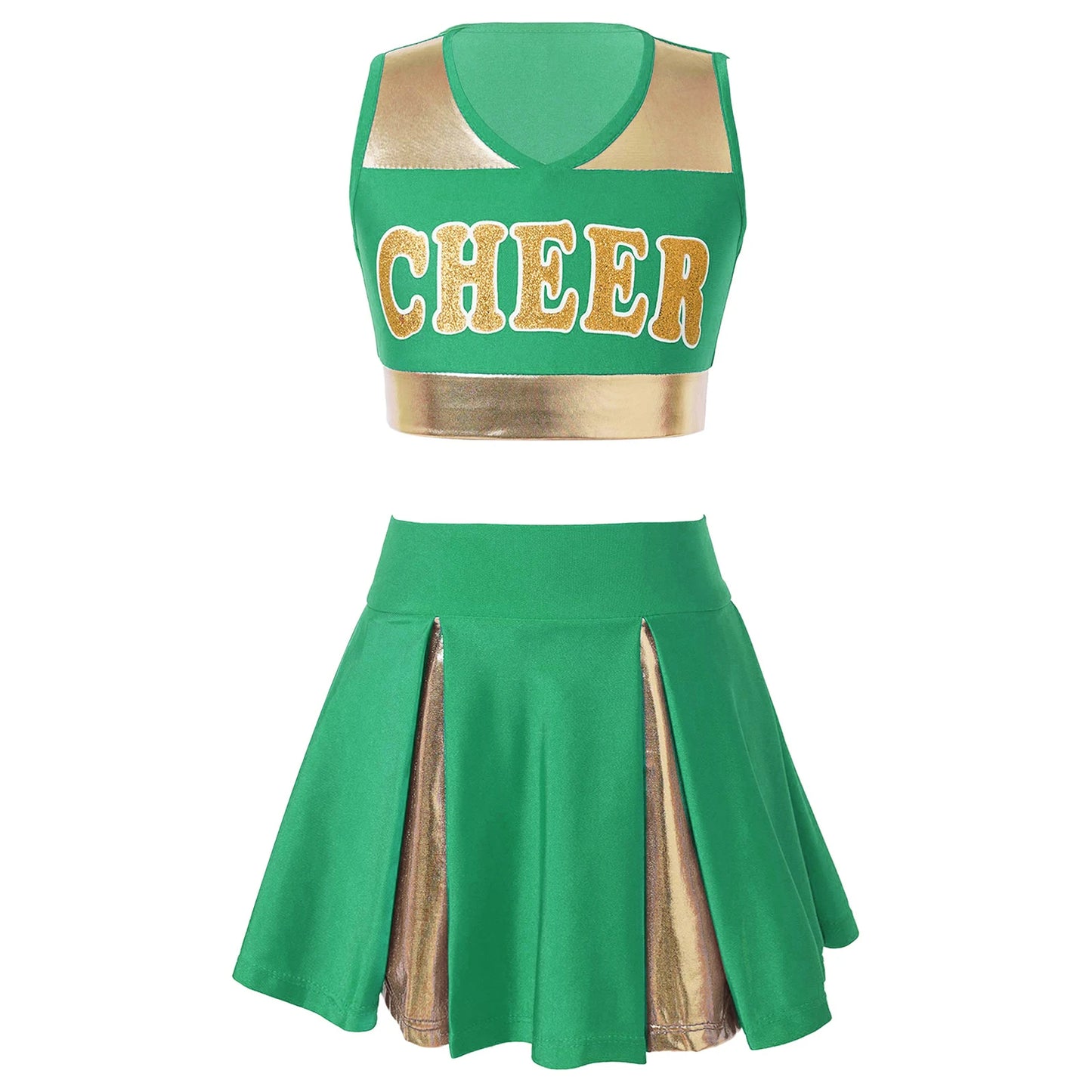 Kids Girls Cheerleading Costume Cheerleader Uniform Sleeveless V Neckline Letter Print Crop Top with Elastic Waistband Skirt