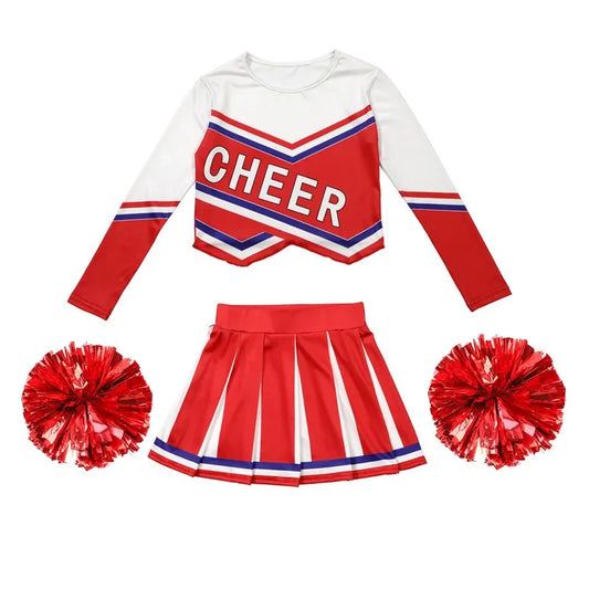 3-12Y Cheerleader Dress (With Hand Flower) Printed Letter T-Shirt Football Game Festival Cosplay Clothing Blue Red Skirt