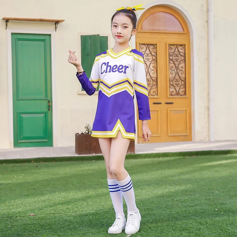 Girls Women Cosplay Costume Cheerleader Outfits V Neckline Letter Print Patchwork Style Dance Dress with Cheerlead pompoms Socks