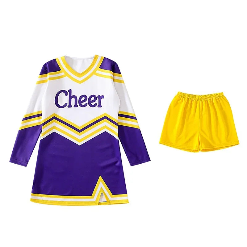Girls Women Cosplay Costume Cheerleader Outfits V Neckline Letter Print Patchwork Style Dance Dress with Cheerlead pompoms Socks