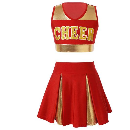 Kids Girls Cheerleading Costume Cheerleader Uniform Sleeveless V Neckline Letter Print Crop Top with Elastic Waistband Skirt