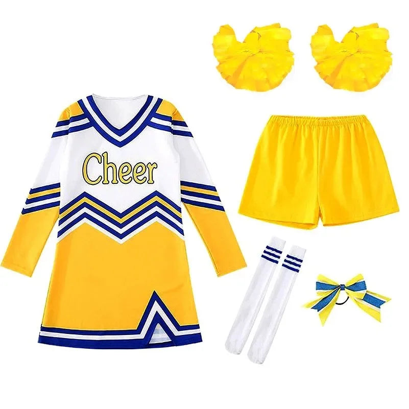 Girls Women Cosplay Costume Cheerleader Outfits V Neckline Letter Print Patchwork Style Dance Dress with Cheerlead pompoms Socks