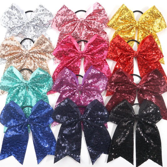 DRX Cheer( 6 pair) 7.5" Bling Sparkly Glitter Sequins Pigtail Bows for kid Girls Large cheerleading bows Ponytail Holder Elastic Hair Ties
