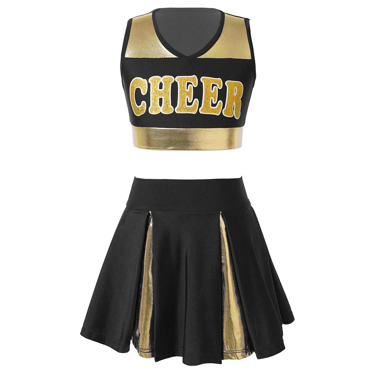 Kids Girls Cheerleading Costume Cheerleader Uniform Sleeveless V Neckline Letter Print Crop Top with Elastic Waistband Skirt