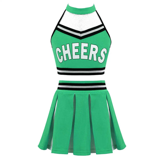 Girls Cheerleader Uniform Dance Costume Halter Mesh Patchwork Cheers Print Crop Top with Pleated Skirt Pompoms Cheerleading Suit
