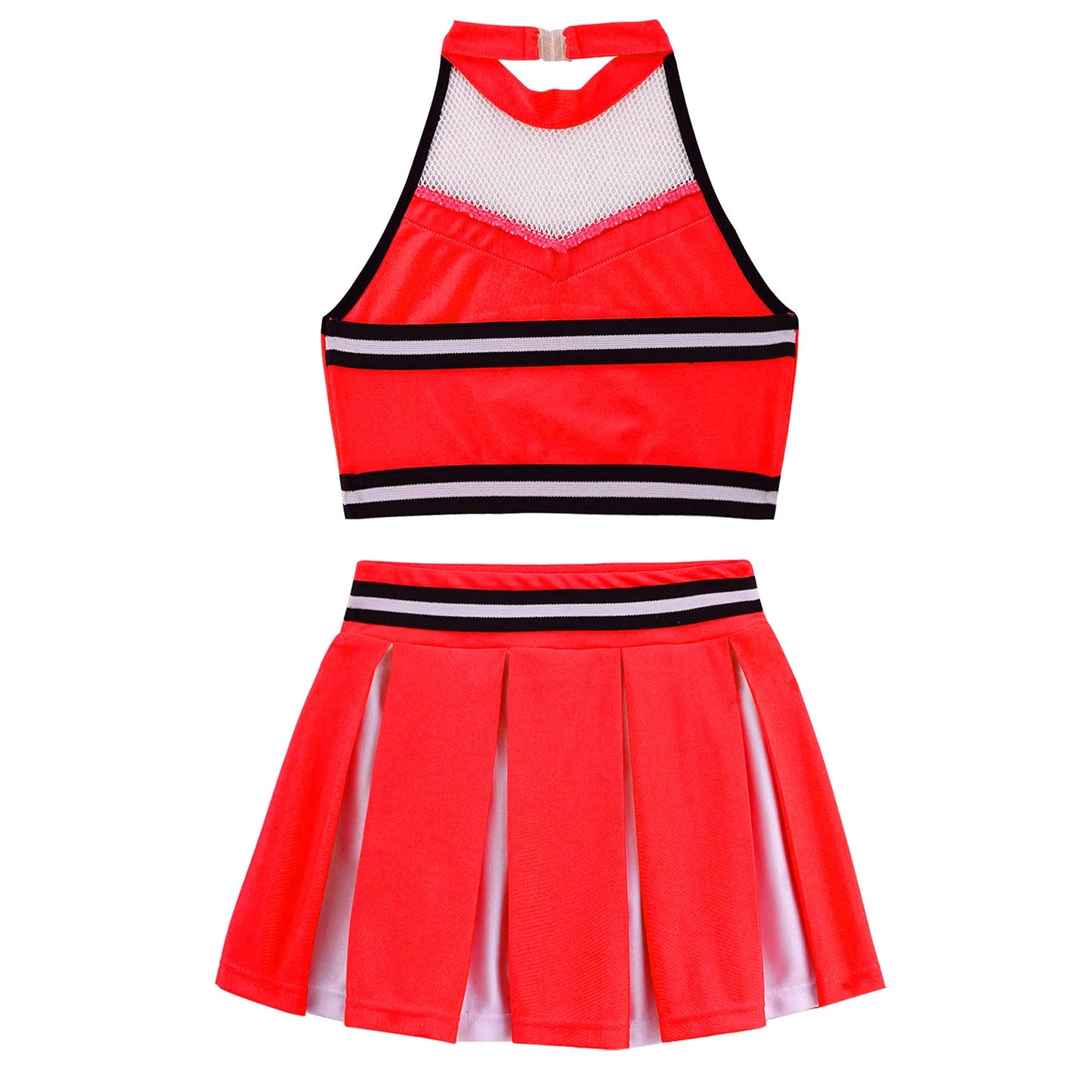 Girls Cheerleader Uniform Dance Costume Halter Mesh Patchwork Cheers Print Crop Top with Pleated Skirt Pompoms Cheerleading Suit