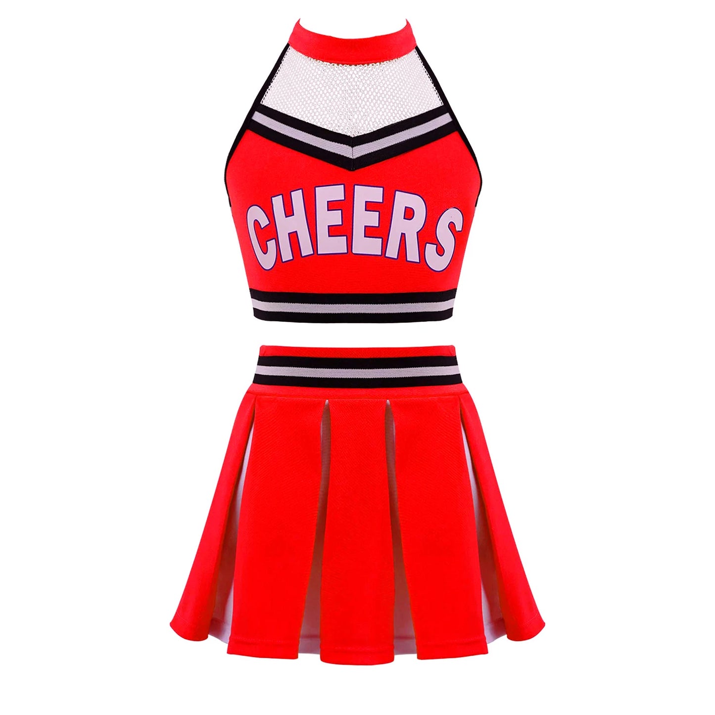 Girls Cheerleader Uniform Dance Costume Halter Mesh Patchwork Cheers Print Crop Top with Pleated Skirt Pompoms Cheerleading Suit