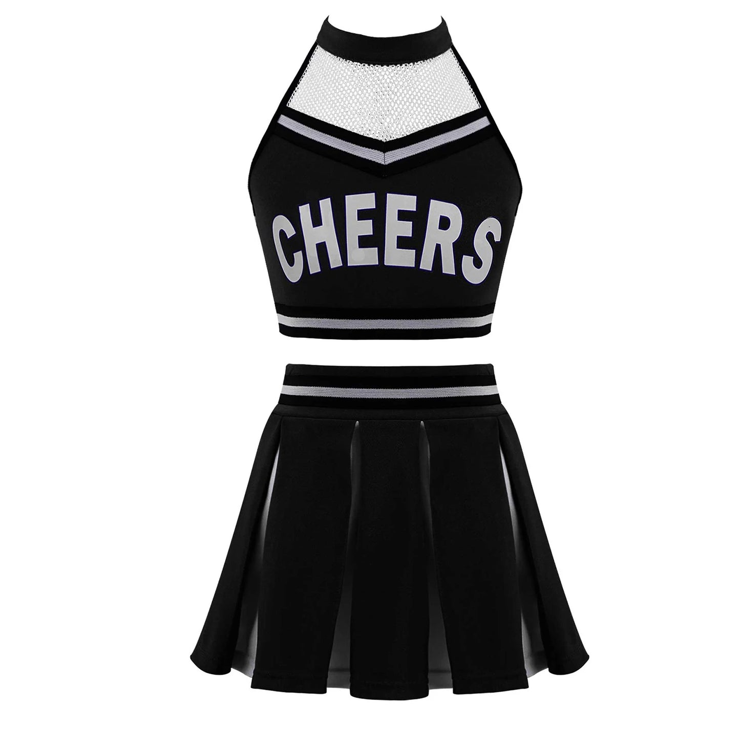 Girls Cheerleader Uniform Dance Costume Halter Mesh Patchwork Cheers Print Crop Top with Pleated Skirt Pompoms Cheerleading Suit