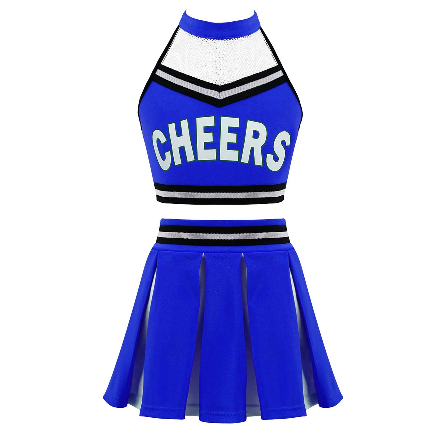 Girls Cheerleader Uniform Dance Costume Halter Mesh Patchwork Cheers Print Crop Top with Pleated Skirt Pompoms Cheerleading Suit
