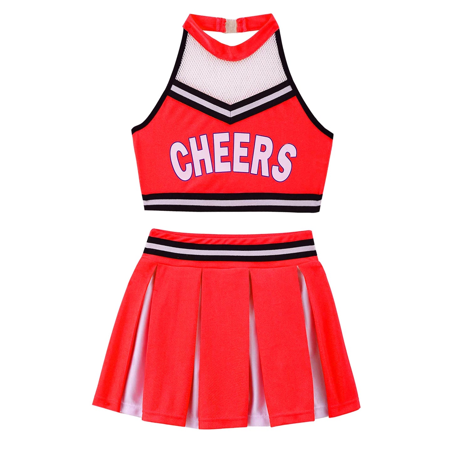 Girls Cheerleader Uniform Dance Costume Halter Mesh Patchwork Cheers Print Crop Top with Pleated Skirt Pompoms Cheerleading Suit