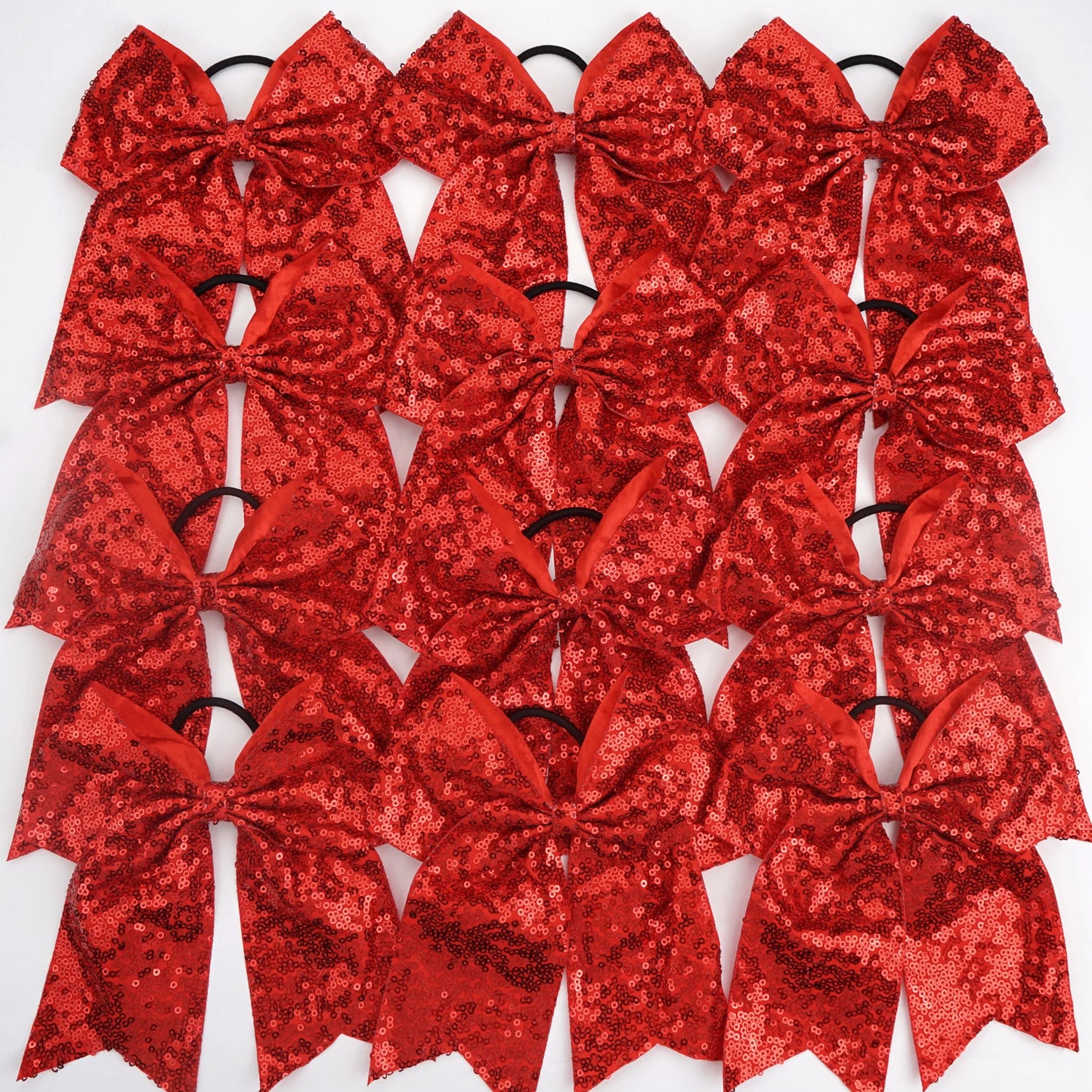 12Pcs 7.5" Bling Sparkly Glitter Sequins Pigtail Bows for kid Girls Large cheerleading bows Ponytail Holder Elastic Hair Ties