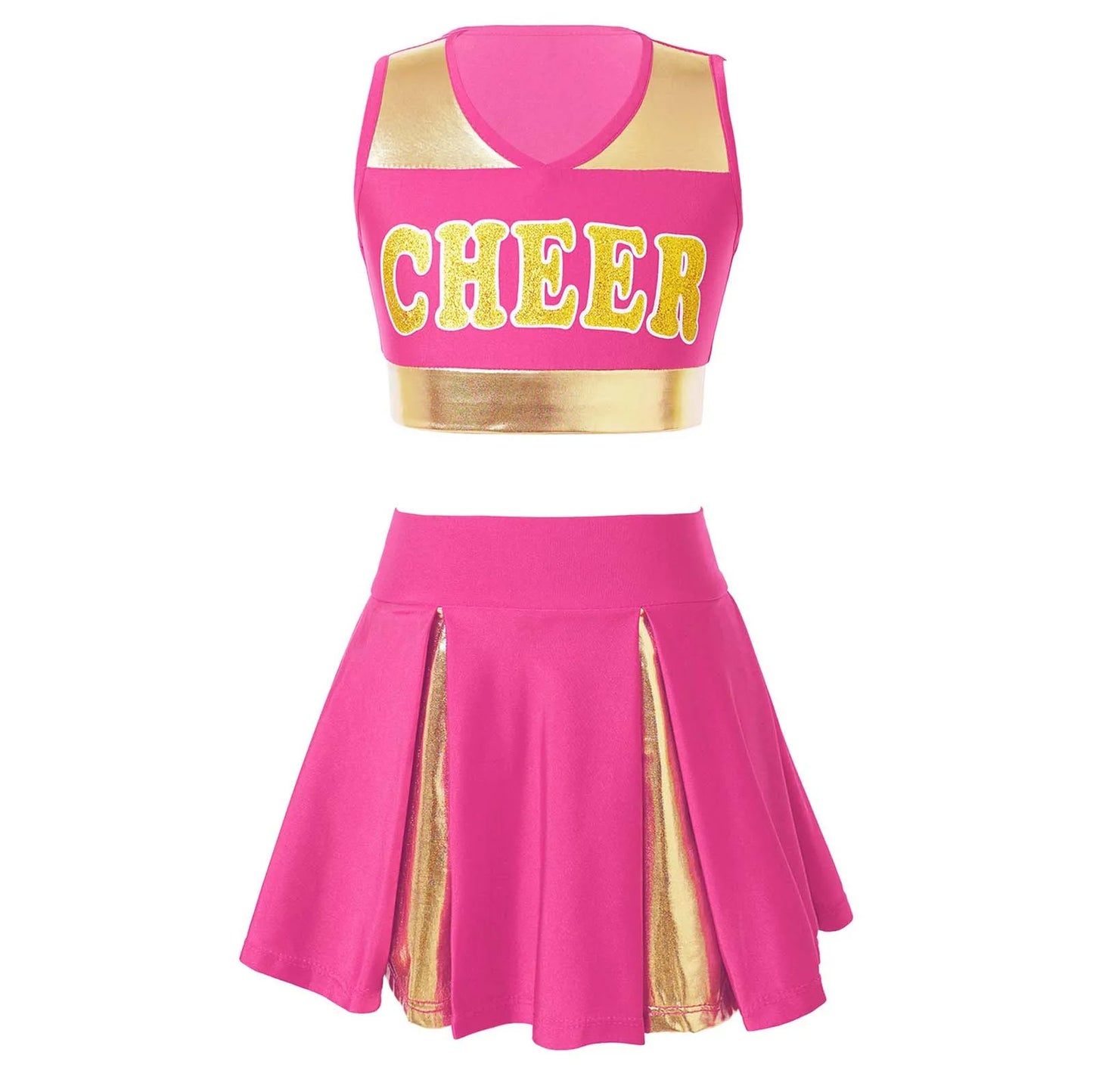 Kids Girls Cheerleading Costume Cheerleader Uniform Sleeveless V Neckline Letter Print Crop Top with Elastic Waistband Skirt