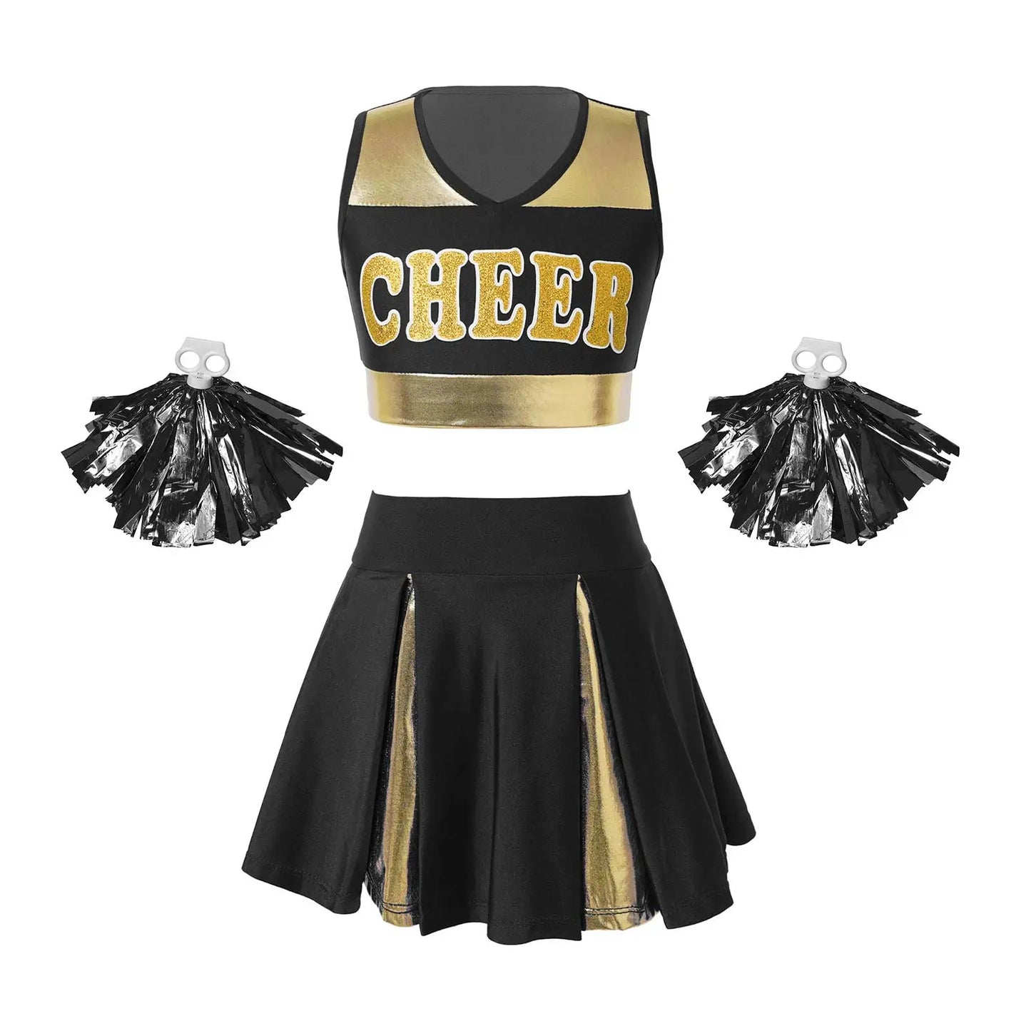 Kids Girls Cheerleading Costume Cheerleader Uniform Sleeveless V Neckline Letter Print Crop Top with Elastic Waistband Skirt
