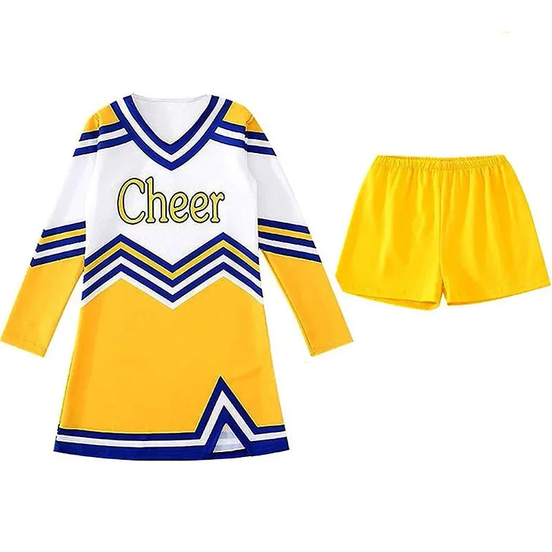 Girls Women Cosplay Costume Cheerleader Outfits V Neckline Letter Print Patchwork Style Dance Dress with Cheerlead pompoms Socks