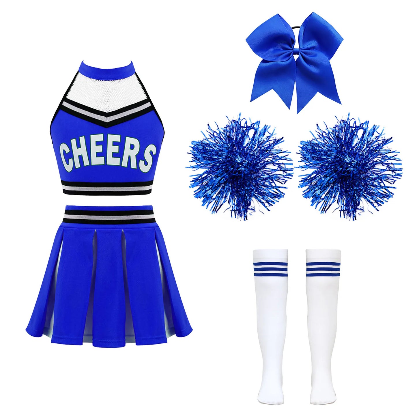 Girls Cheerleader Uniform Dance Costume Halter Mesh Patchwork Cheers Print Crop Top with Pleated Skirt Pompoms Cheerleading Suit