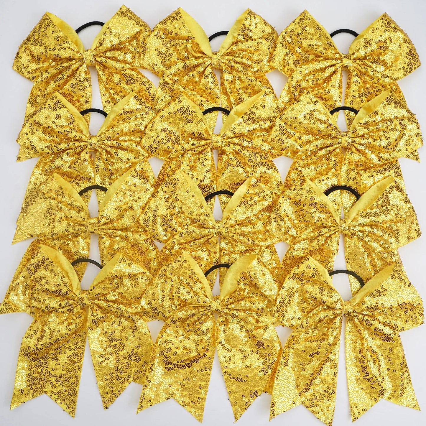 12Pcs 7.5" Bling Sparkly Glitter Sequins Pigtail Bows for kid Girls Large cheerleading bows Ponytail Holder Elastic Hair Ties