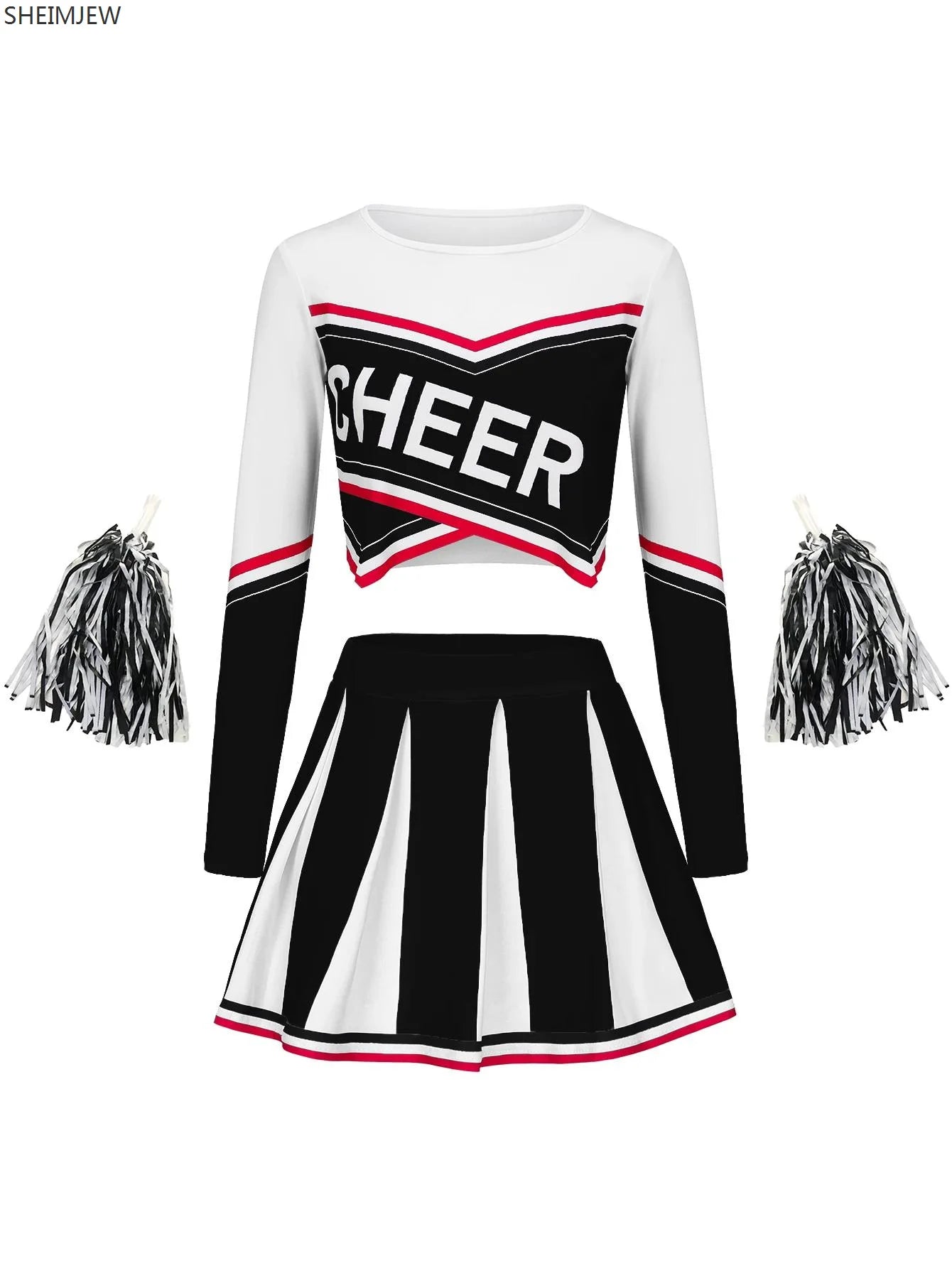 Women's Long Sleeve Cheerleader Cosplay Costume With Pompon Sexy Student Stage Music Performance Dresses Halloween Party Uniform