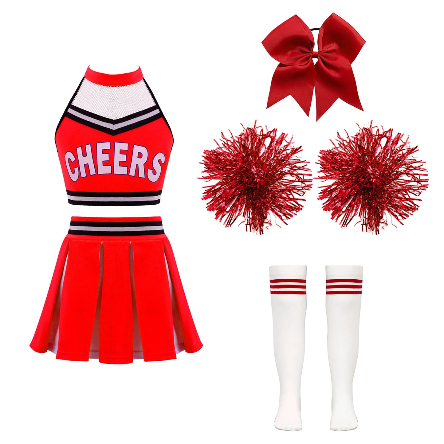 Girls Cheerleader Uniform Dance Costume Halter Mesh Patchwork Cheers Print Crop Top with Pleated Skirt Pompoms Cheerleading Suit