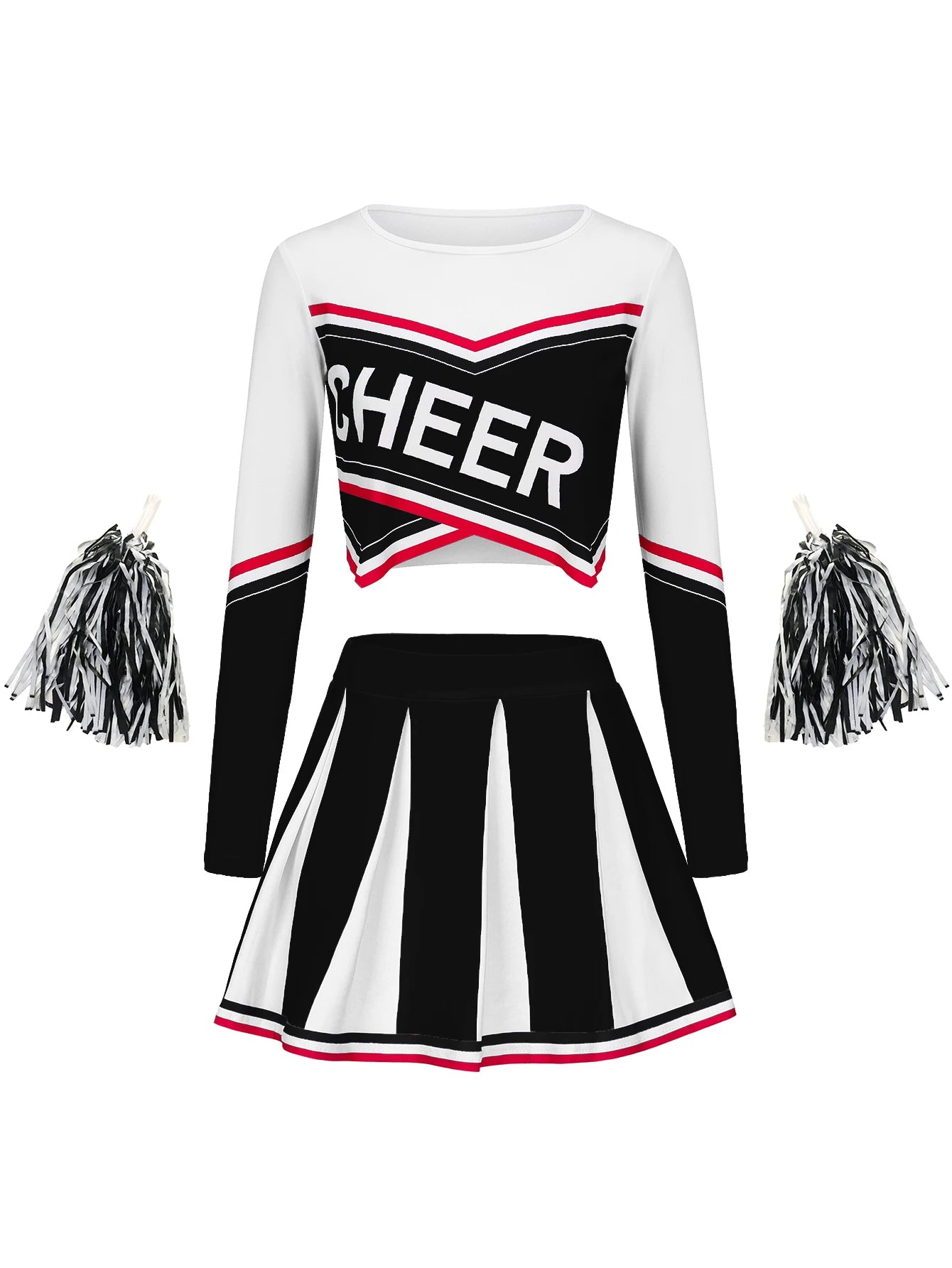 Women's Long Sleeve Cheerleader Cosplay Costume With Pompon Sexy Student Stage Music Performance Dresses Halloween Party Uniform