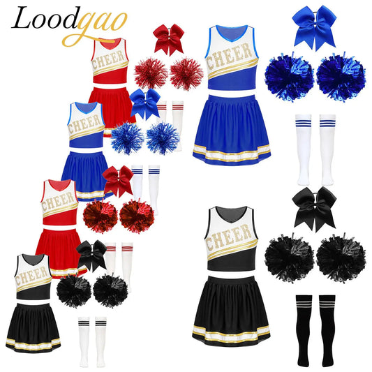 Girls Preppy Style Cosplay Cheering Team Costume with Hand Flowers Schoolgirl Roleplay Cheerleading Costumes Cheer Clothes