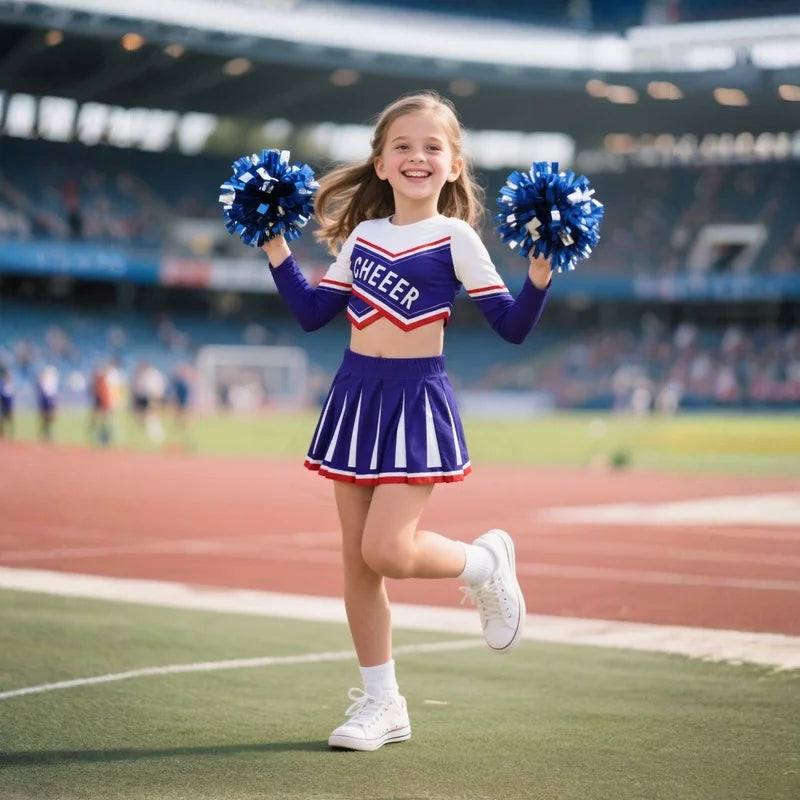 3-12Y Cheerleader Dress (With Hand Flower) Printed Letter T-Shirt Football Game Festival Cosplay Clothing Blue Red Skirt