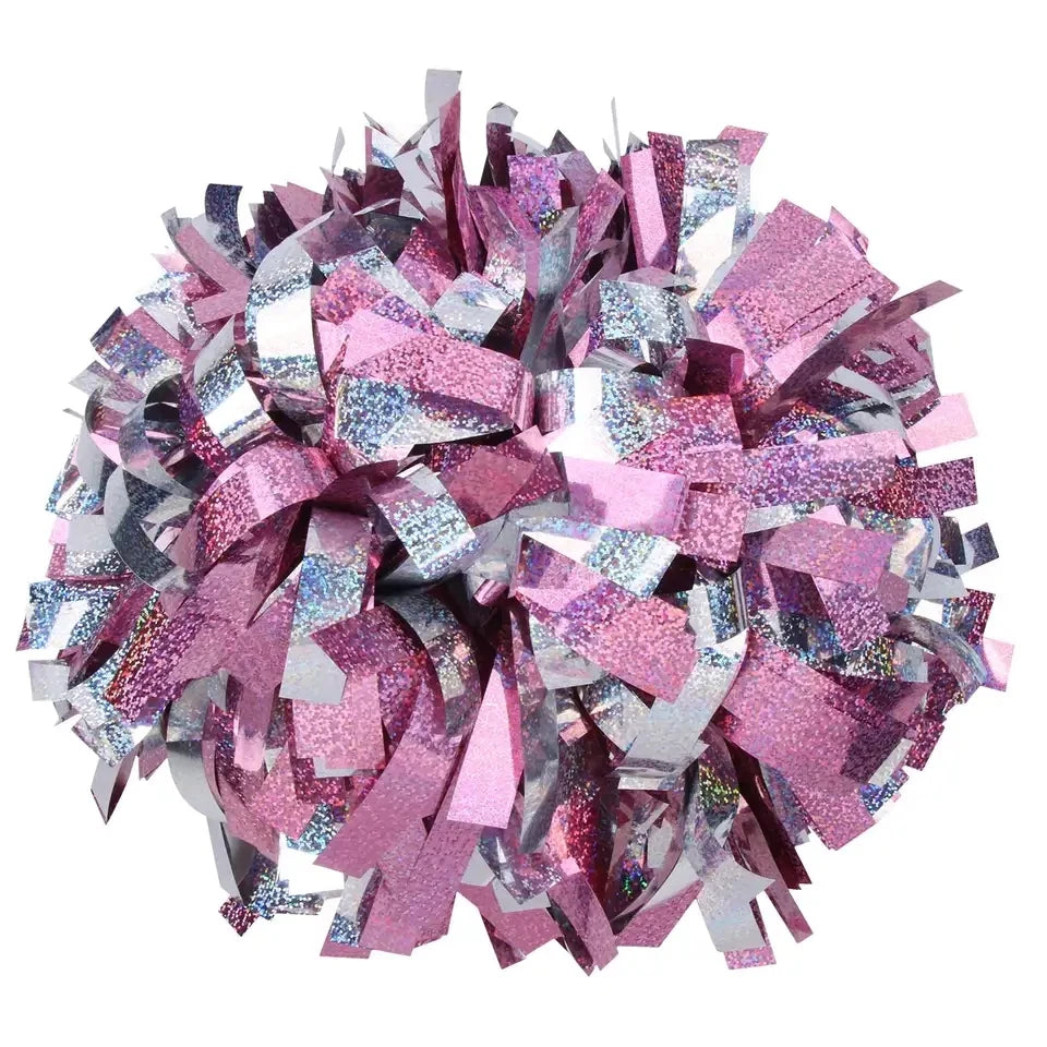 12PIECE,cheerleader Baton Handle Pom Pom Pom Metallic Pink Holographic with Silver Holographic