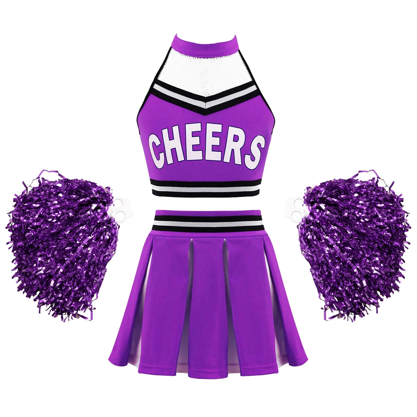 Girls Cheerleader Uniform Dance Costume Halter Mesh Patchwork Cheers Print Crop Top with Pleated Skirt Pompoms Cheerleading Suit