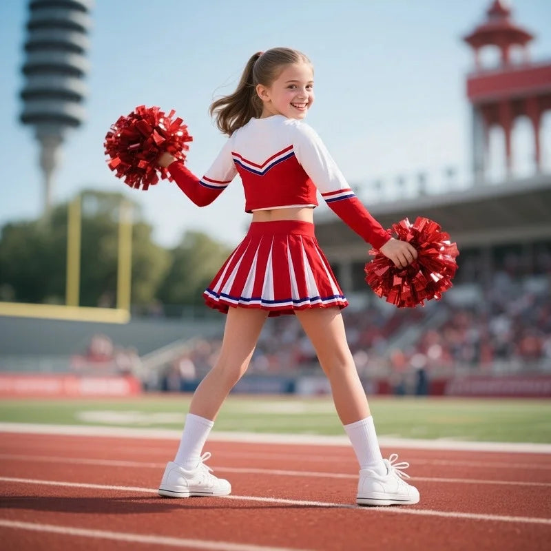 3-12Y Cheerleader Dress (With Hand Flower) Printed Letter T-Shirt Football Game Festival Cosplay Clothing Blue Red Skirt