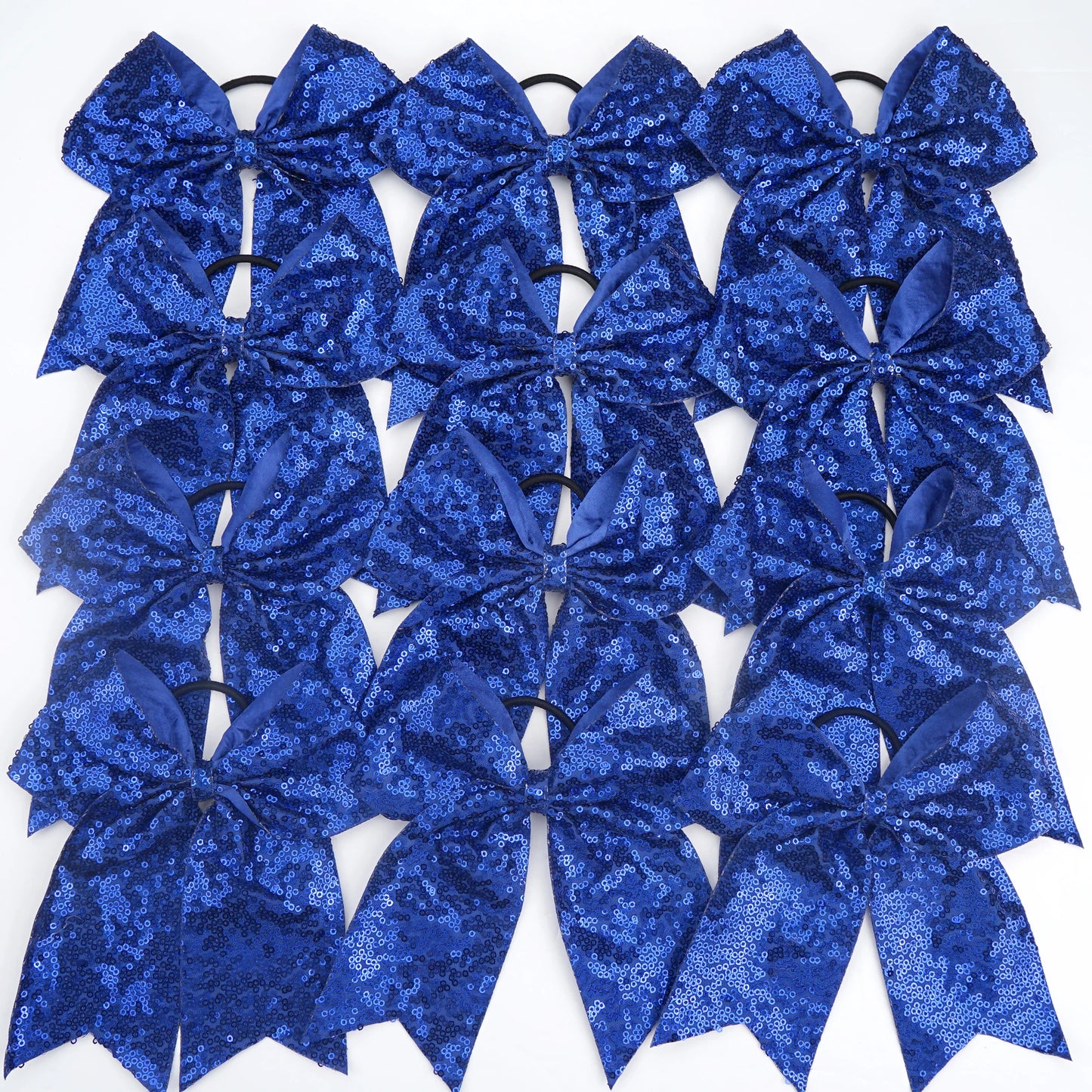 12Pcs 7.5" Bling Sparkly Glitter Sequins Pigtail Bows for kid Girls Large cheerleading bows Ponytail Holder Elastic Hair Ties