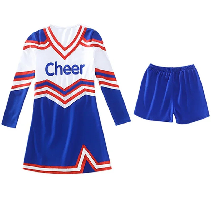 Girls Women Cosplay Costume Cheerleader Outfits V Neckline Letter Print Patchwork Style Dance Dress with Cheerlead pompoms Socks