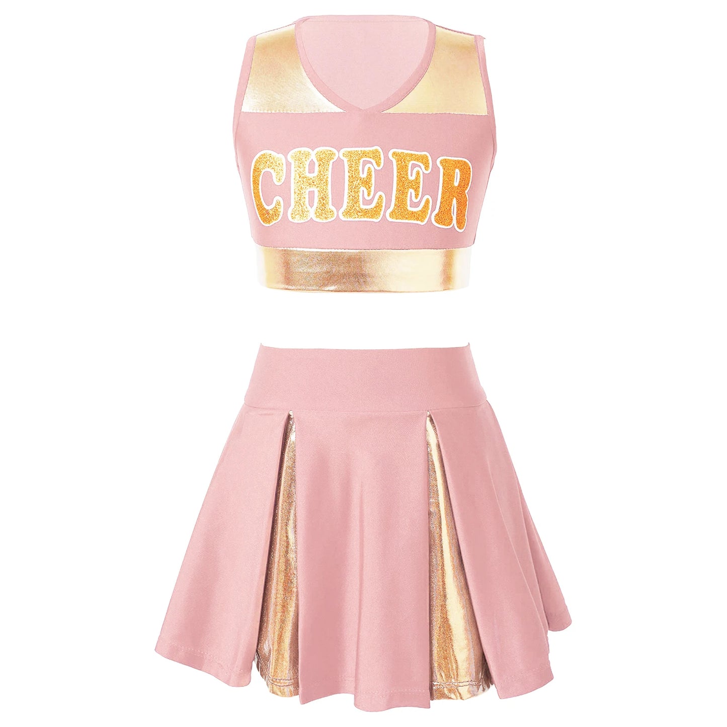 Kids Girls Cheerleading Costume Cheerleader Uniform Sleeveless V Neckline Letter Print Crop Top with Elastic Waistband Skirt