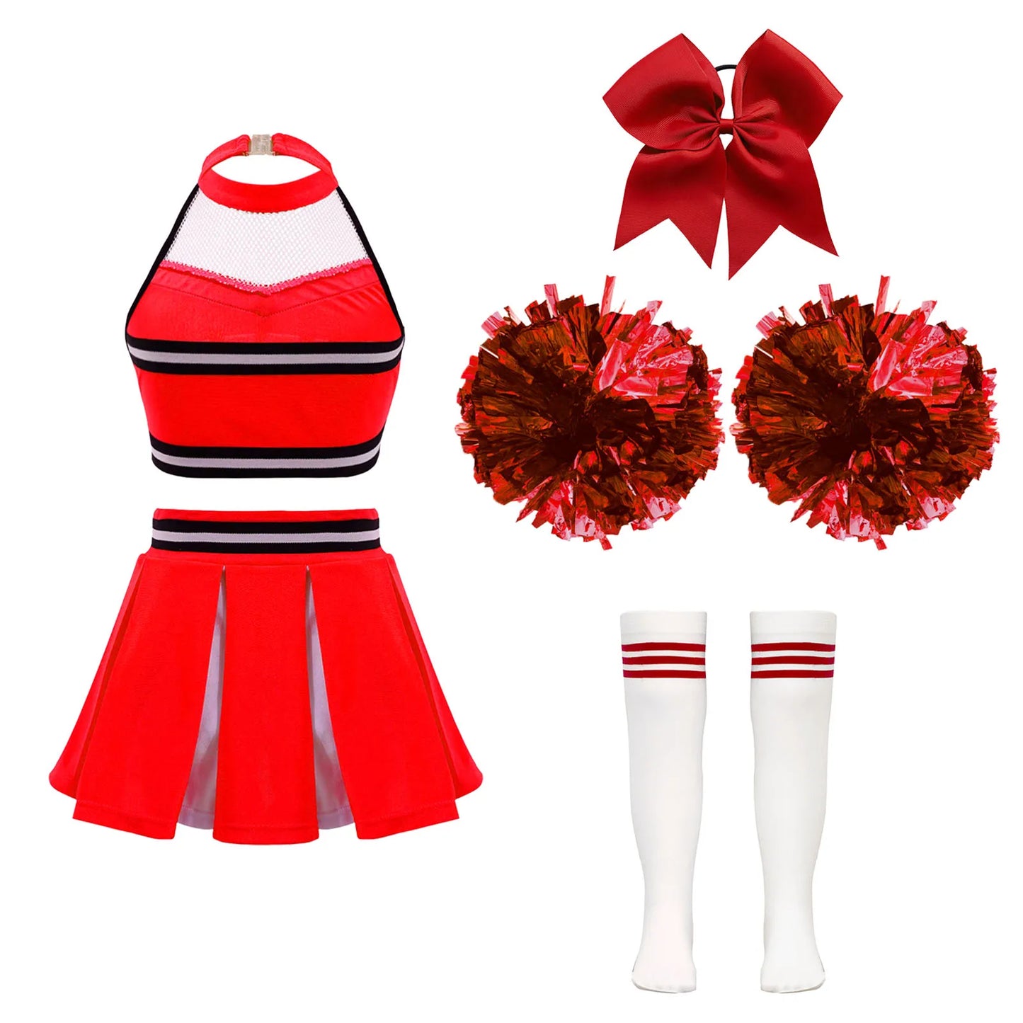 Girls Cheerleader Uniform Dance Costume Halter Mesh Patchwork Cheers Print Crop Top with Pleated Skirt Pompoms Cheerleading Suit