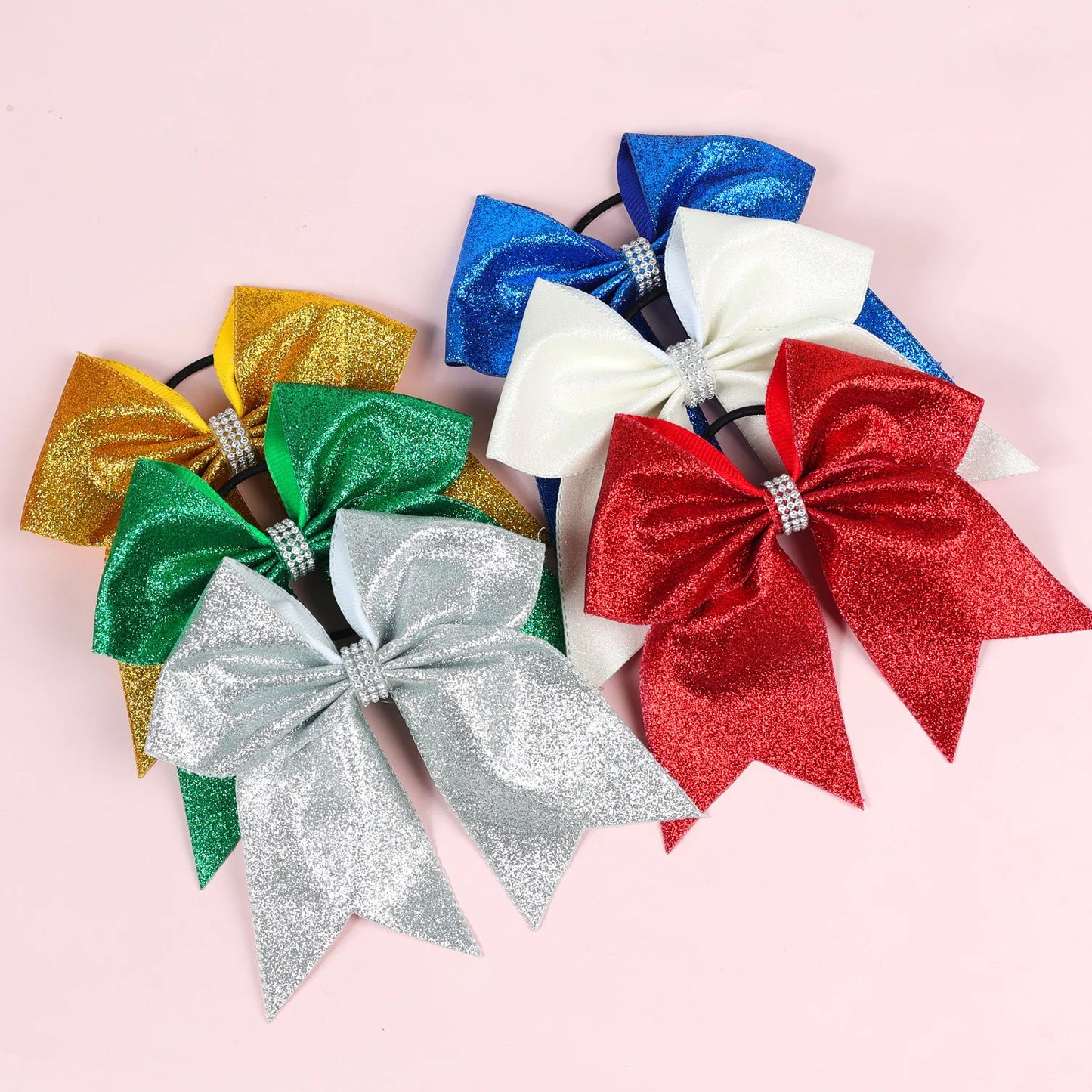 12PCS 7" Girls Large Bling Cheerleading Glitter Hair Bow Elastic Hair Bands Ponytail Holder Hair Ties Women Diamond Hair Accessorie