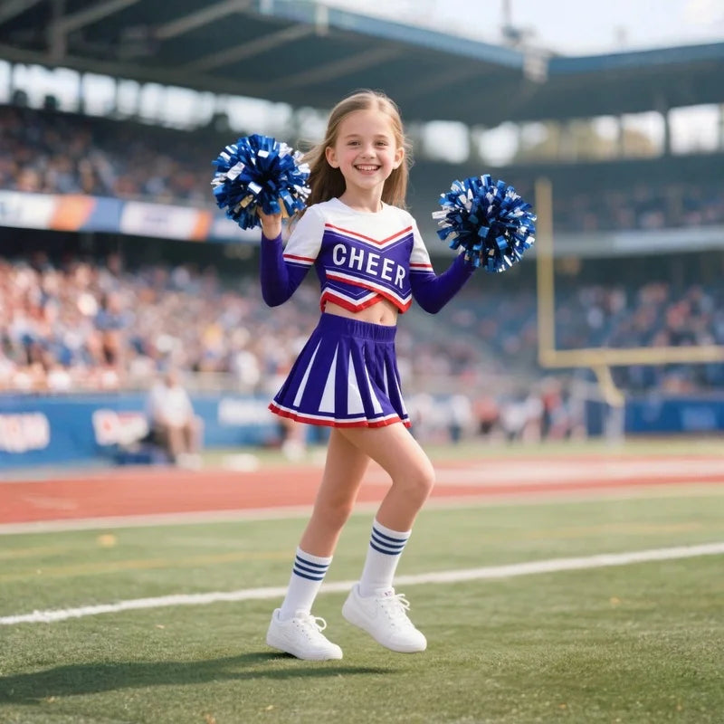 3-12Y Cheerleader Dress (With Hand Flower) Printed Letter T-Shirt Football Game Festival Cosplay Clothing Blue Red Skirt
