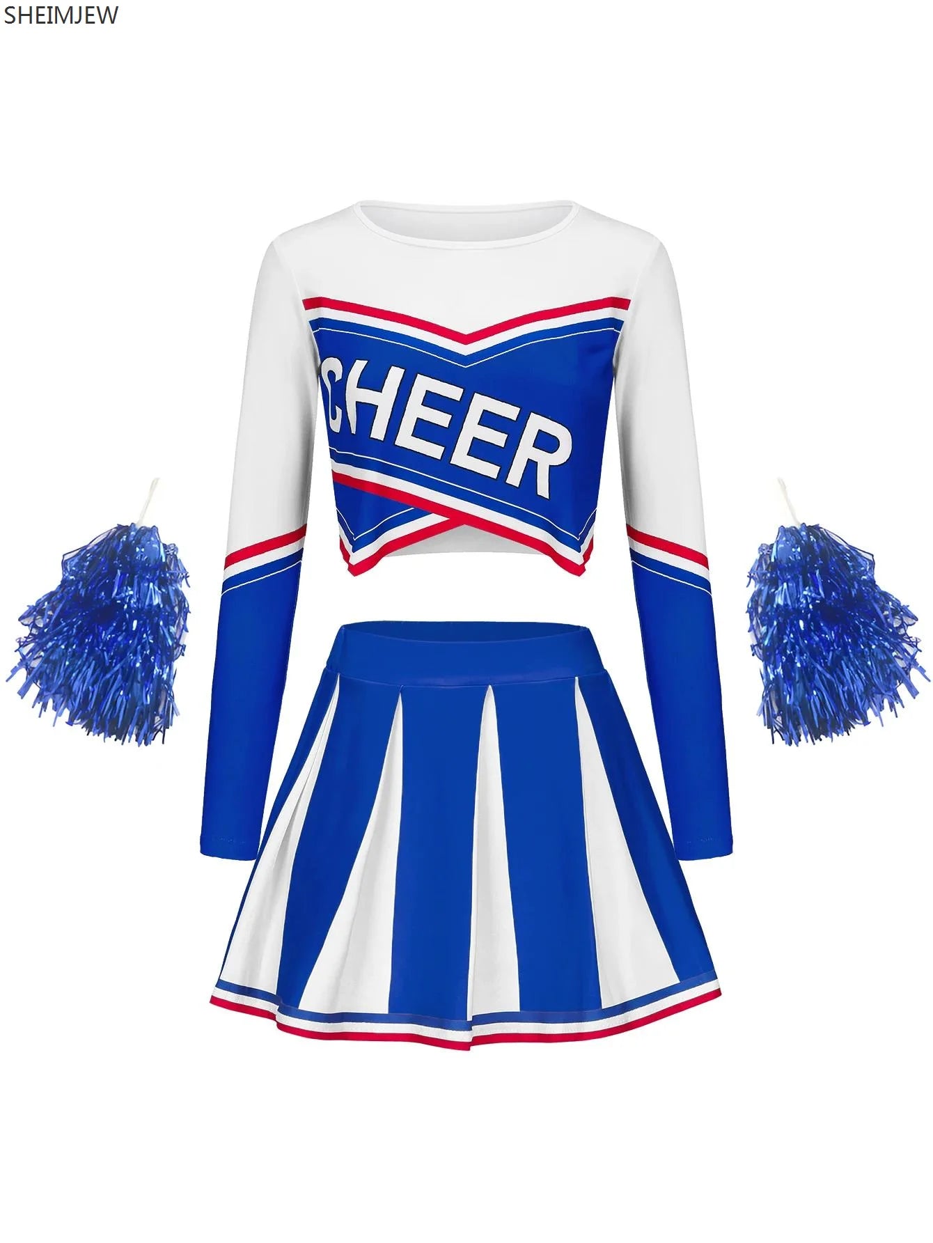 Women's Long Sleeve Cheerleader Cosplay Costume With Pompon Sexy Student Stage Music Performance Dresses Halloween Party Uniform