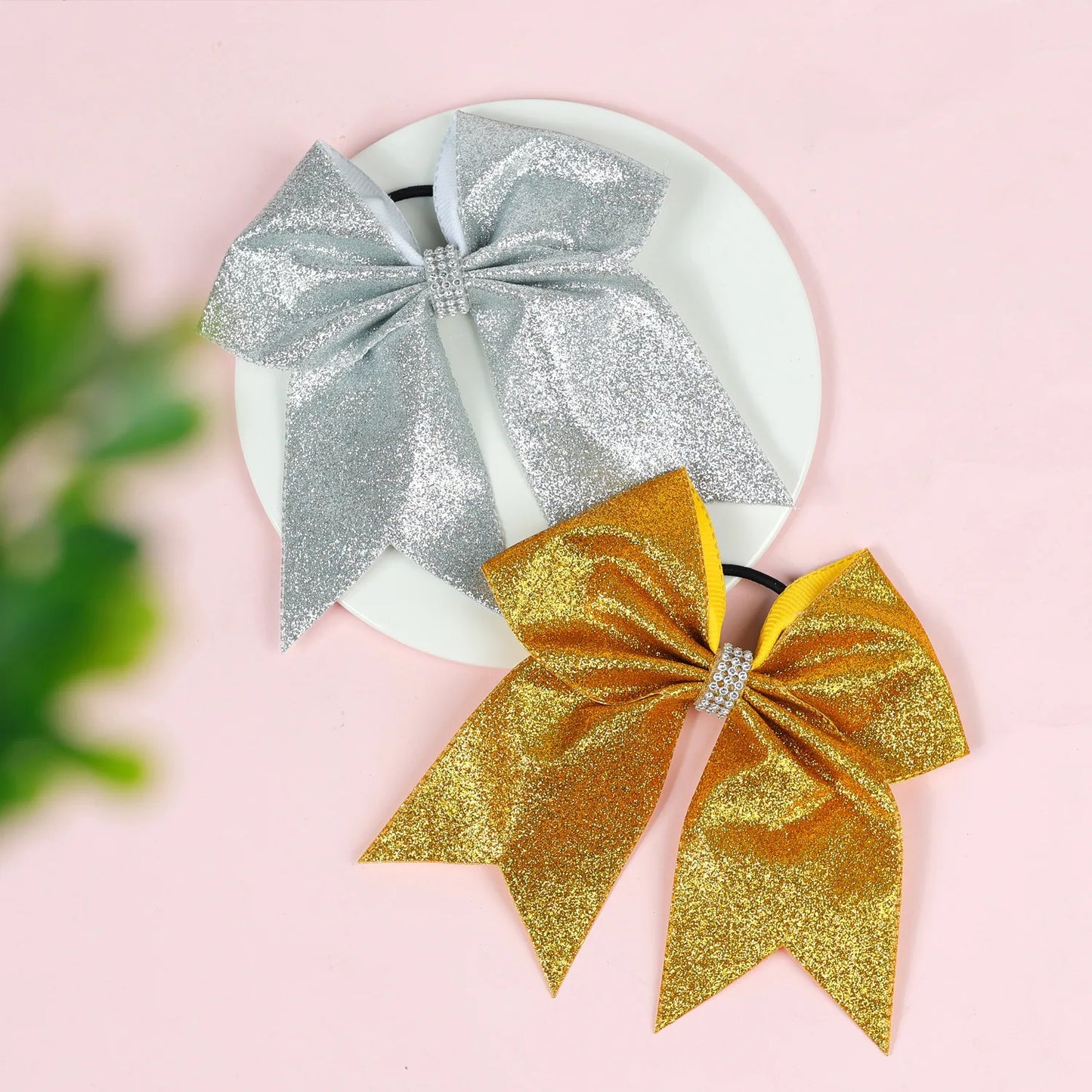 12PCS 7" Girls Large Bling Cheerleading Glitter Hair Bow Elastic Hair Bands Ponytail Holder Hair Ties Women Diamond Hair Accessorie