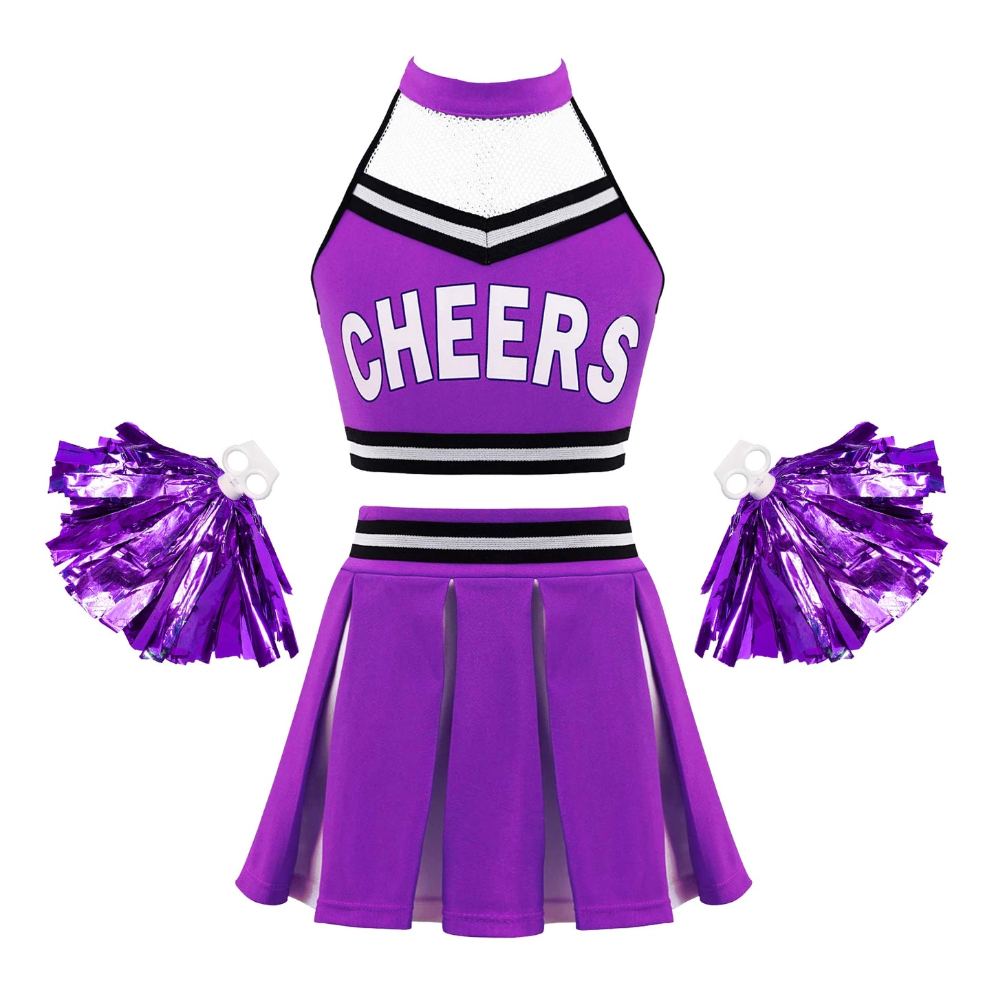 Girls Cheerleader Uniform Dance Costume Halter Mesh Patchwork Cheers Print Crop Top with Pleated Skirt Pompoms Cheerleading Suit